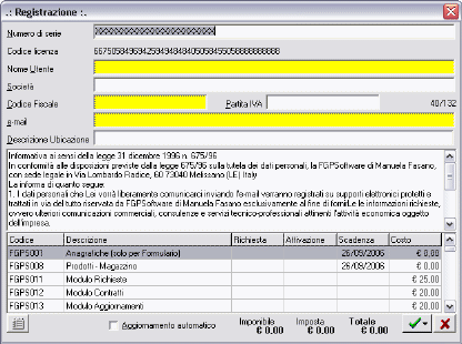 Finestra attivazioni software